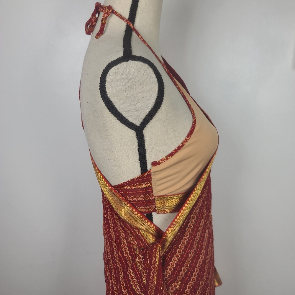 Red Sari Saree Skirt & Running Blouse Border Leheriya Print Regular Wear S - Picture 8 of 16